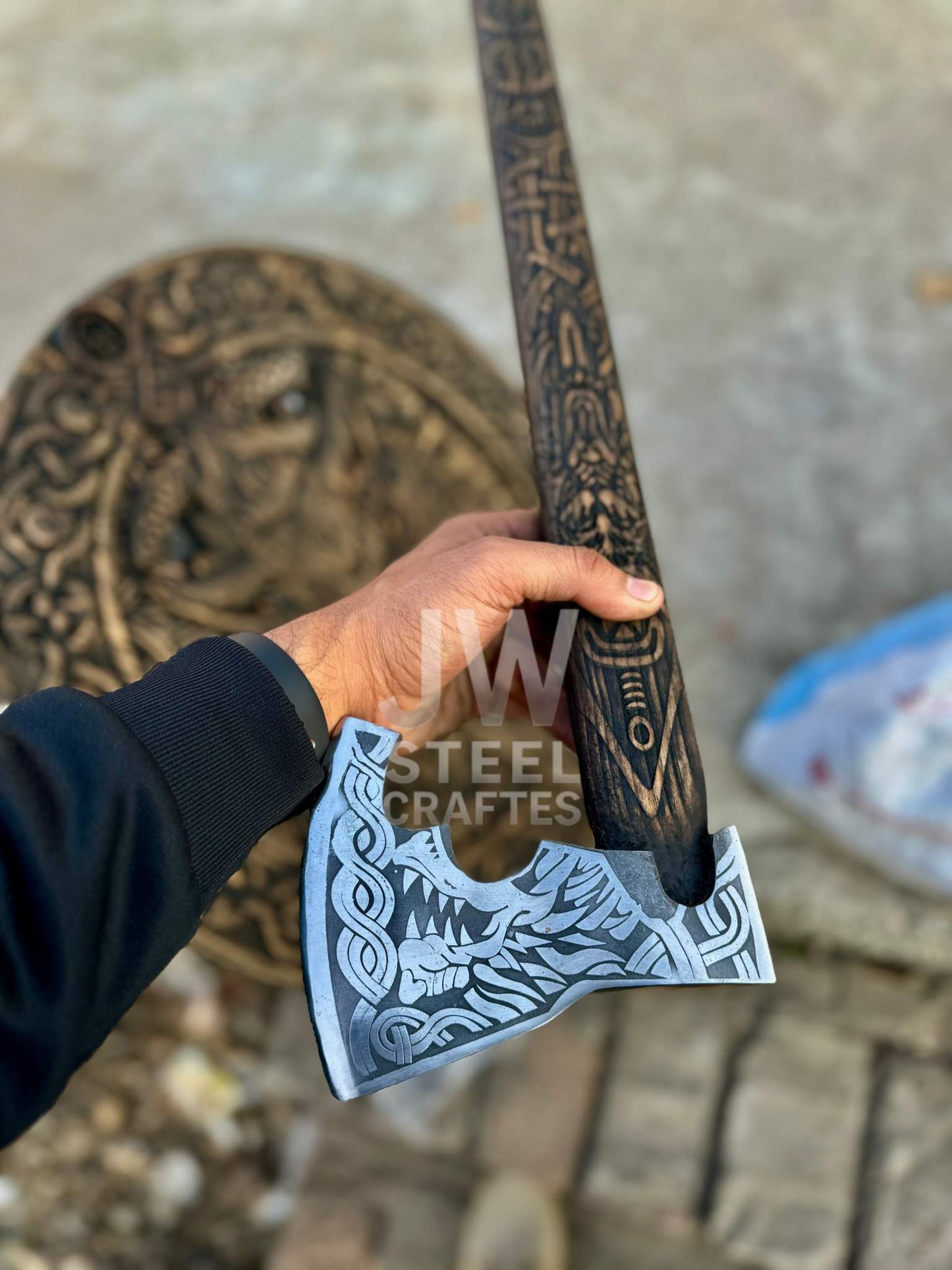 Handmade Viking Axe with Wolf Engraving & Wooden Shield – Norse Collectible Set