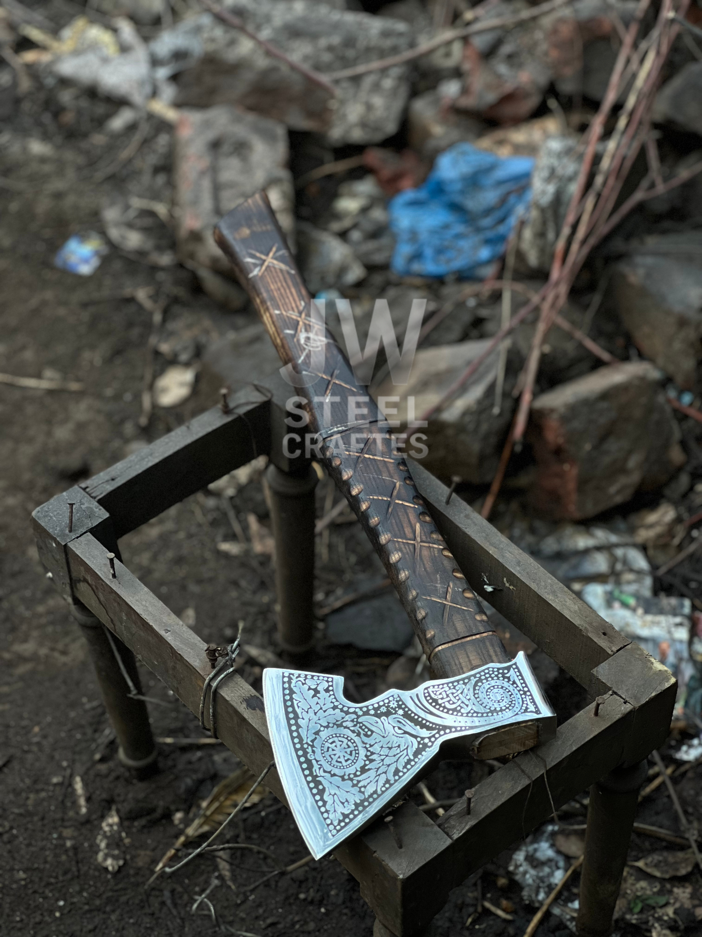 Handmade Viking Axe – Engraved Steel Head with Carved Wooden Handle