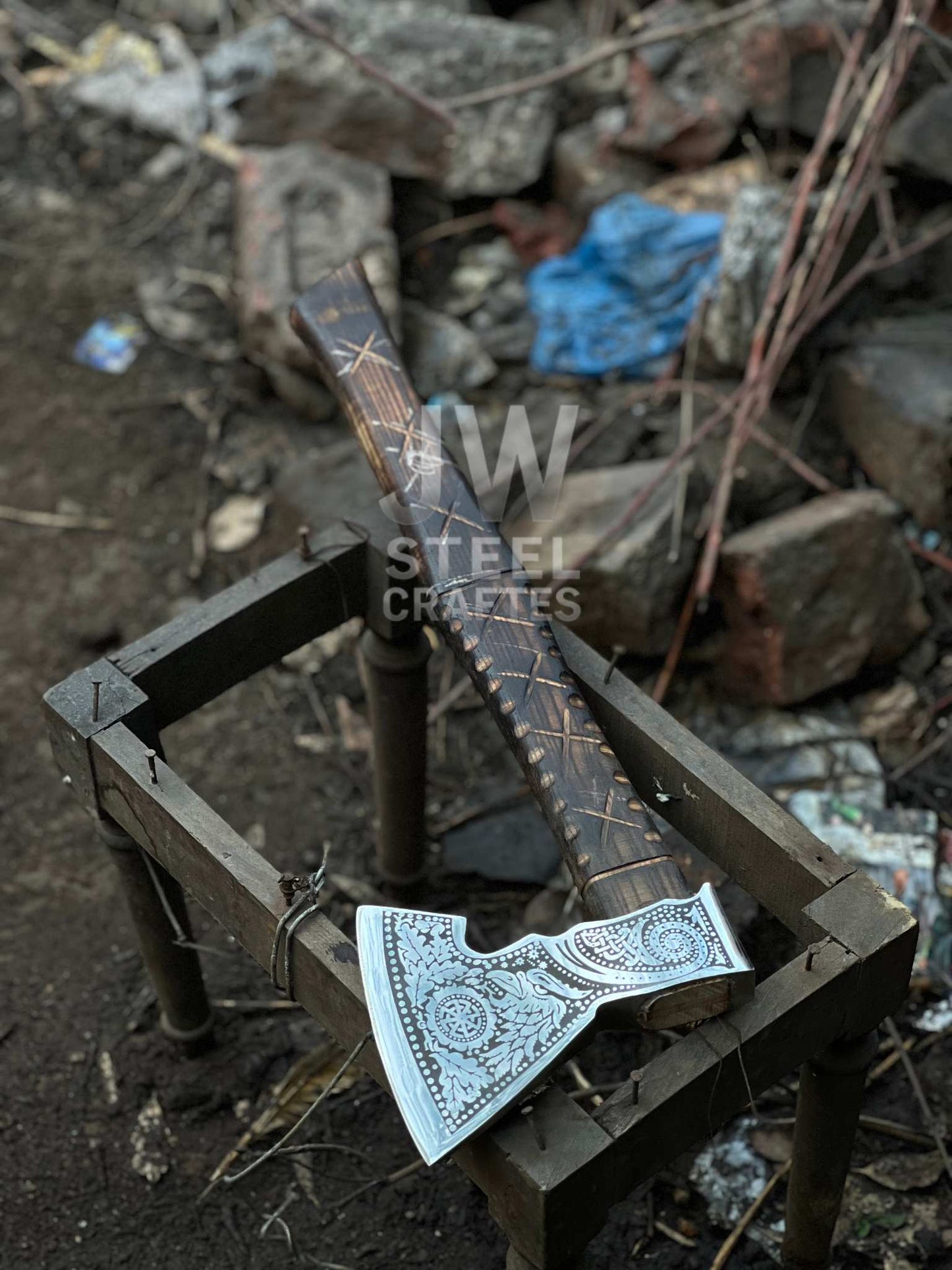 Handmade Viking Axe – Engraved Steel Head with Carved Wooden Handle