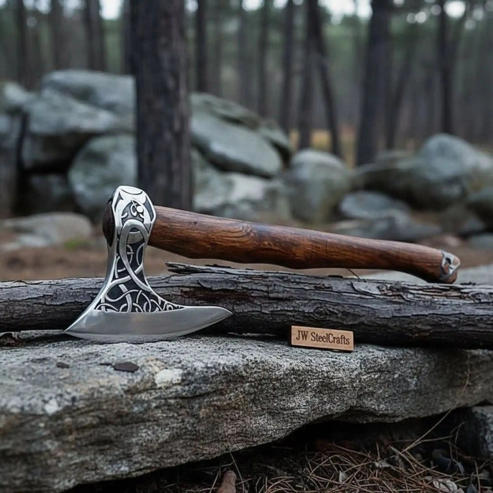     Handcrafted Norse crescent axe featuring intricate Celtic engravings on steel head with rustic hardwood handle outdoors.