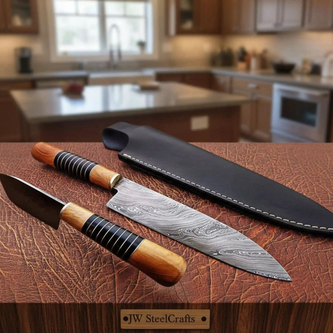 Tigerwood handle Damascus kitchen blade resting beside a black leather sheath