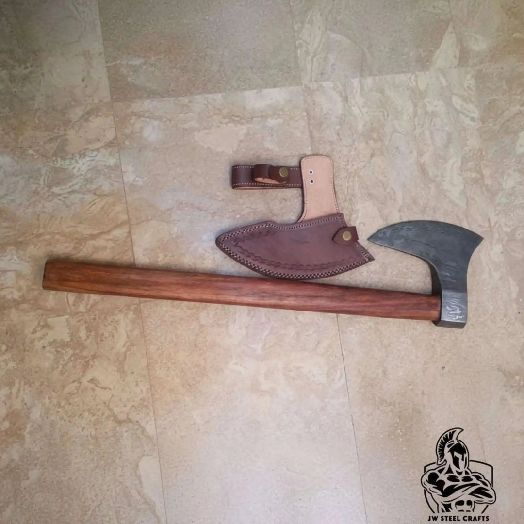 Falconshade-themed Norse war weapon featuring handcrafted Damascus steel axe head and premium hardwood craftsmanship.