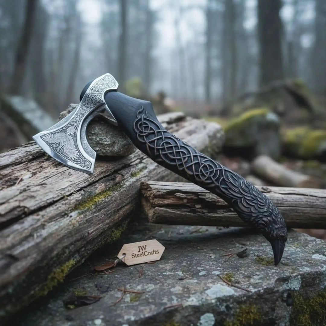 Brimstoneclaw-themed Norse war hatchet featuring Celtic knot carvings and raven-inspired wooden handle craftsmanship.