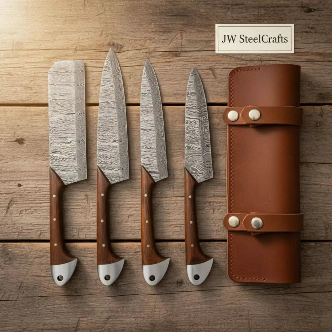Handmade Damascus chef knife set with full tang patterned steel blades, walnut wood handles, and leather storage roll.