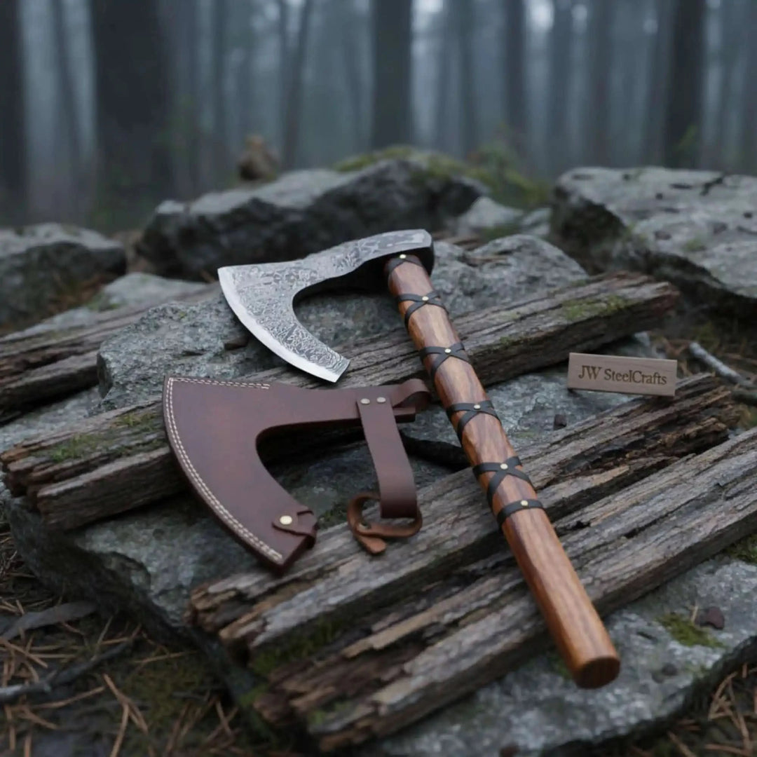 Everthorn-inspired Viking engraved hatchet displaying decorative steel textures and rustic woodland presentation.