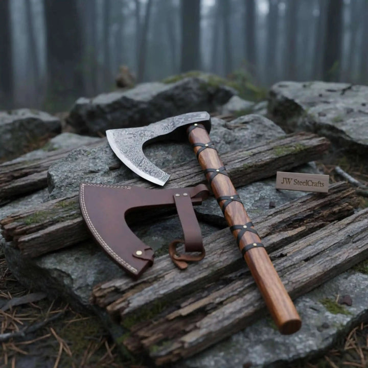 Everthorn-inspired Viking engraved hatchet displaying decorative steel textures and rustic woodland presentation.