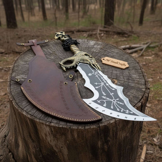 Handmade fantasy Damascus axe with engraved blade and skull handle custom leather sheath JW SteelCrafts