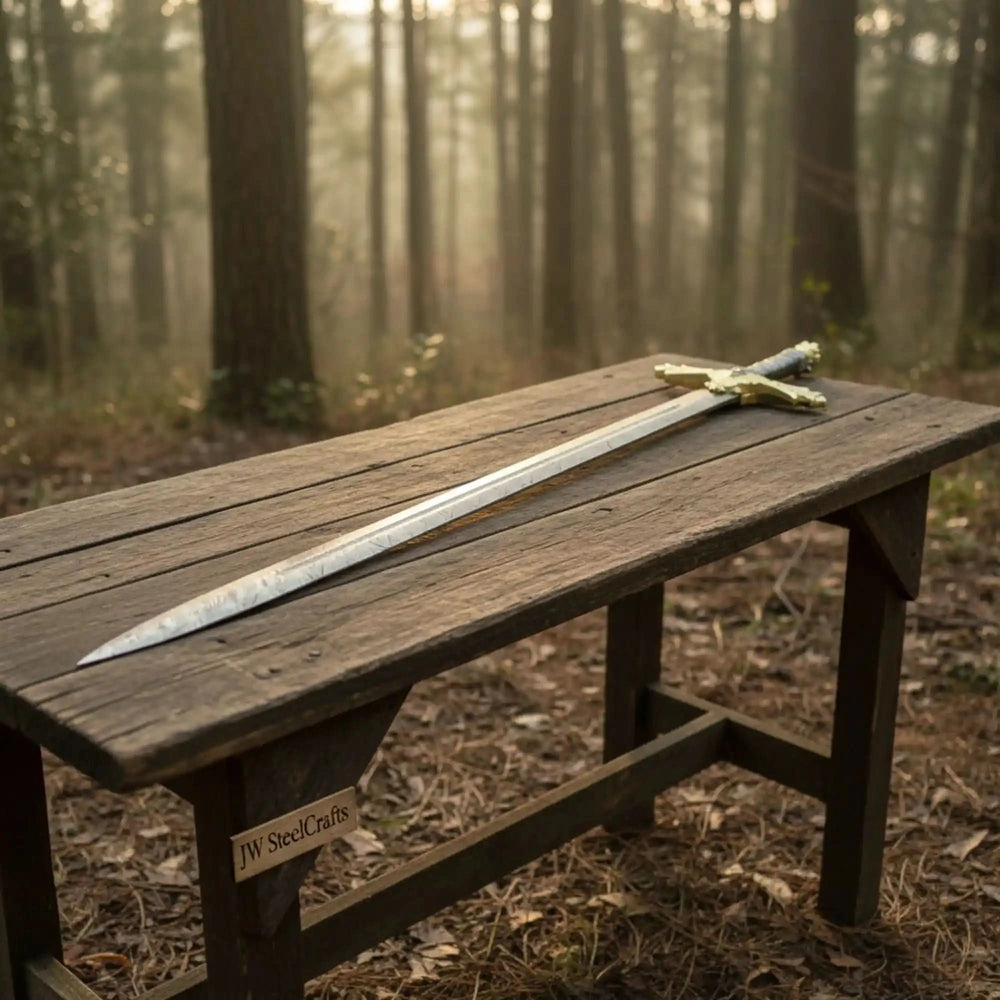 Medieval-inspired Damascus steel longsword featuring an ornate gold hilt with red stone accents and a flowing Damascus blade pattern