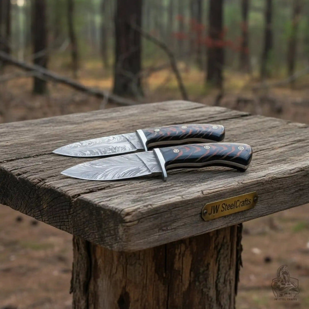 Feather Damascus Hunting Knife Set Fixed Blade handmade Skinner Knife by JW SteelCrafts