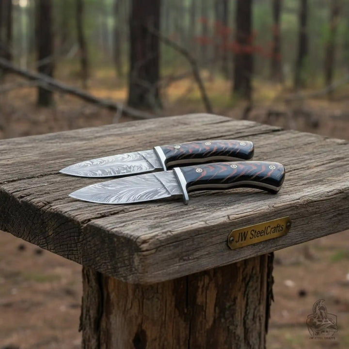 Feather Damascus Hunting Knife Set Fixed Blade handmade Skinner Knife by JW SteelCrafts