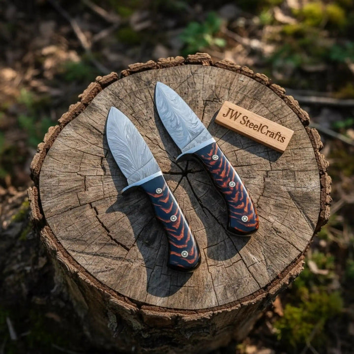 Feather Damascus Hunting Knife Set Fixed Blade handmade Skinner Knife by JW SteelCrafts