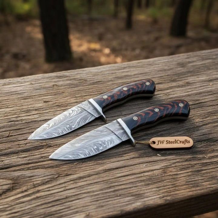 Feather Damascus Hunting Knife Set Fixed Blade handmade Skinner Knife by JW SteelCrafts