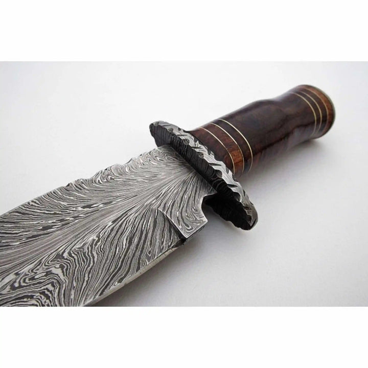Feather Pattern Damascus Steel Frontier Bowie Knife, Hand Forged Clip Point Blade, Stacked Wood Handle, Full Tang Fixed Blade with Leather Sheath, 13 Inch Overall – JW SteelCrafts handmade Clip Point Bowie Knives by JW SteelCrafts