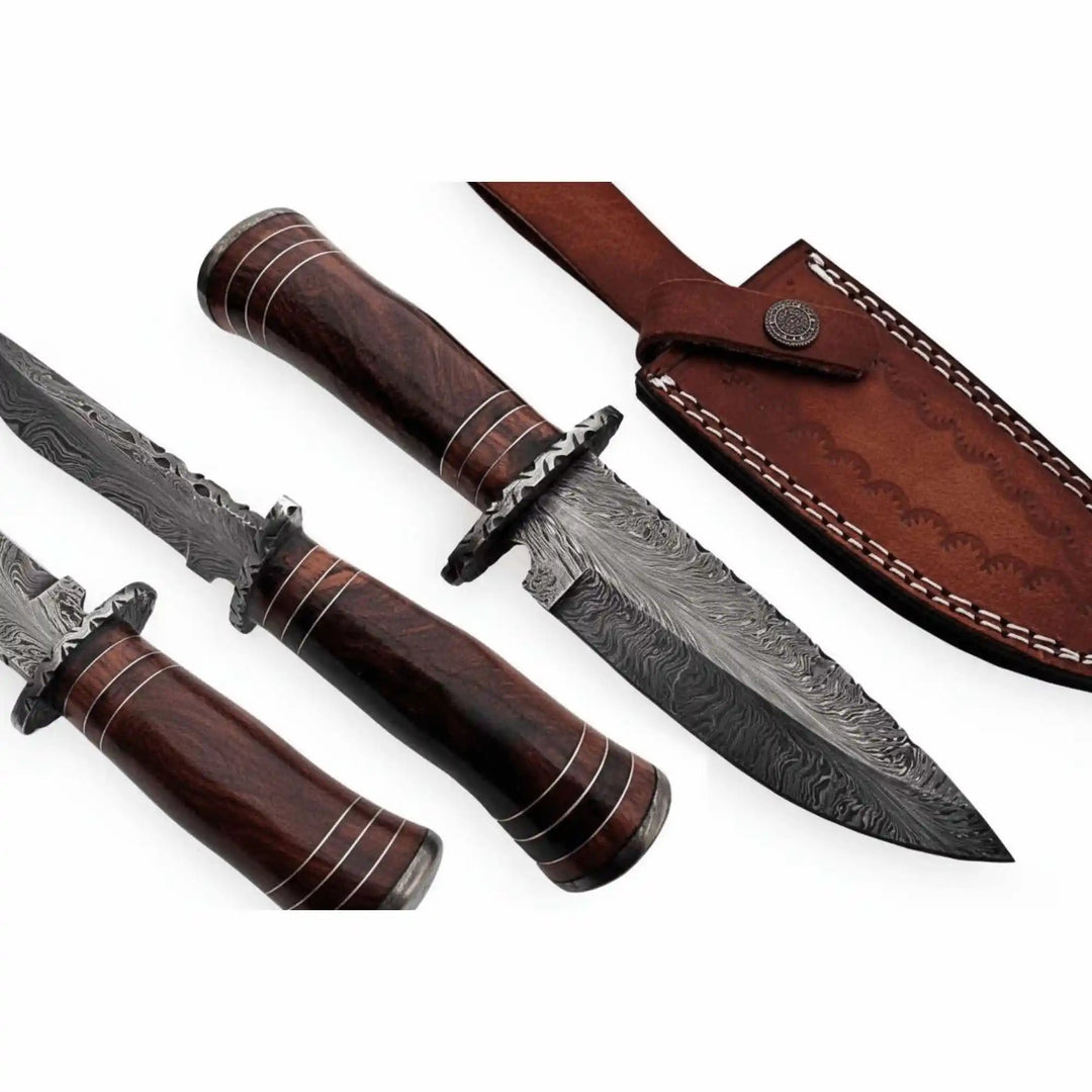 Feather Pattern Damascus Steel Frontier Bowie Knife, Hand Forged Clip Point Blade, Stacked Wood Handle, Full Tang Fixed Blade with Leather Sheath, 13 Inch Overall – JW SteelCrafts handmade Clip Point Bowie Knives by JW SteelCrafts