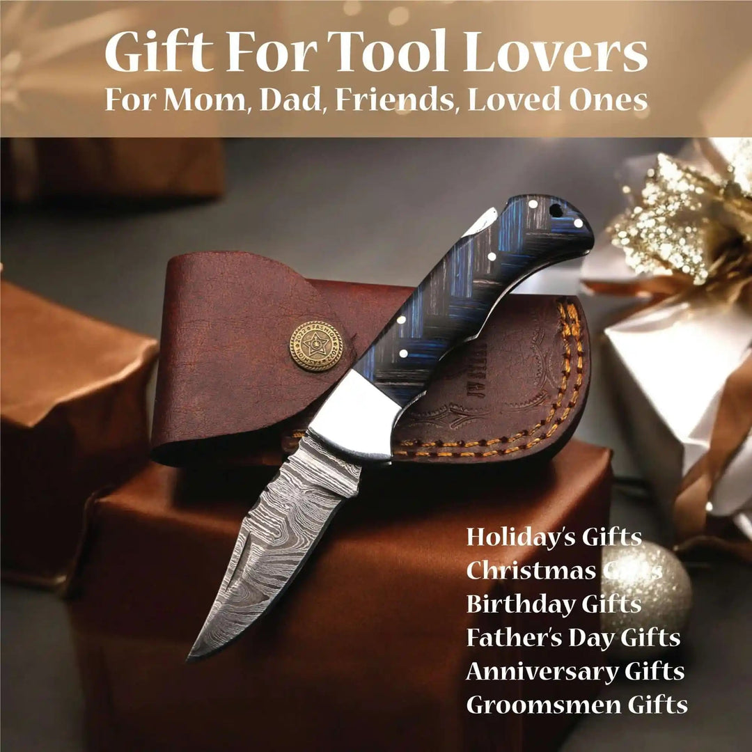     Heritagecliff artisan folding knife for loved one gift ideas featuring handmade Damascus blade and refined handle design