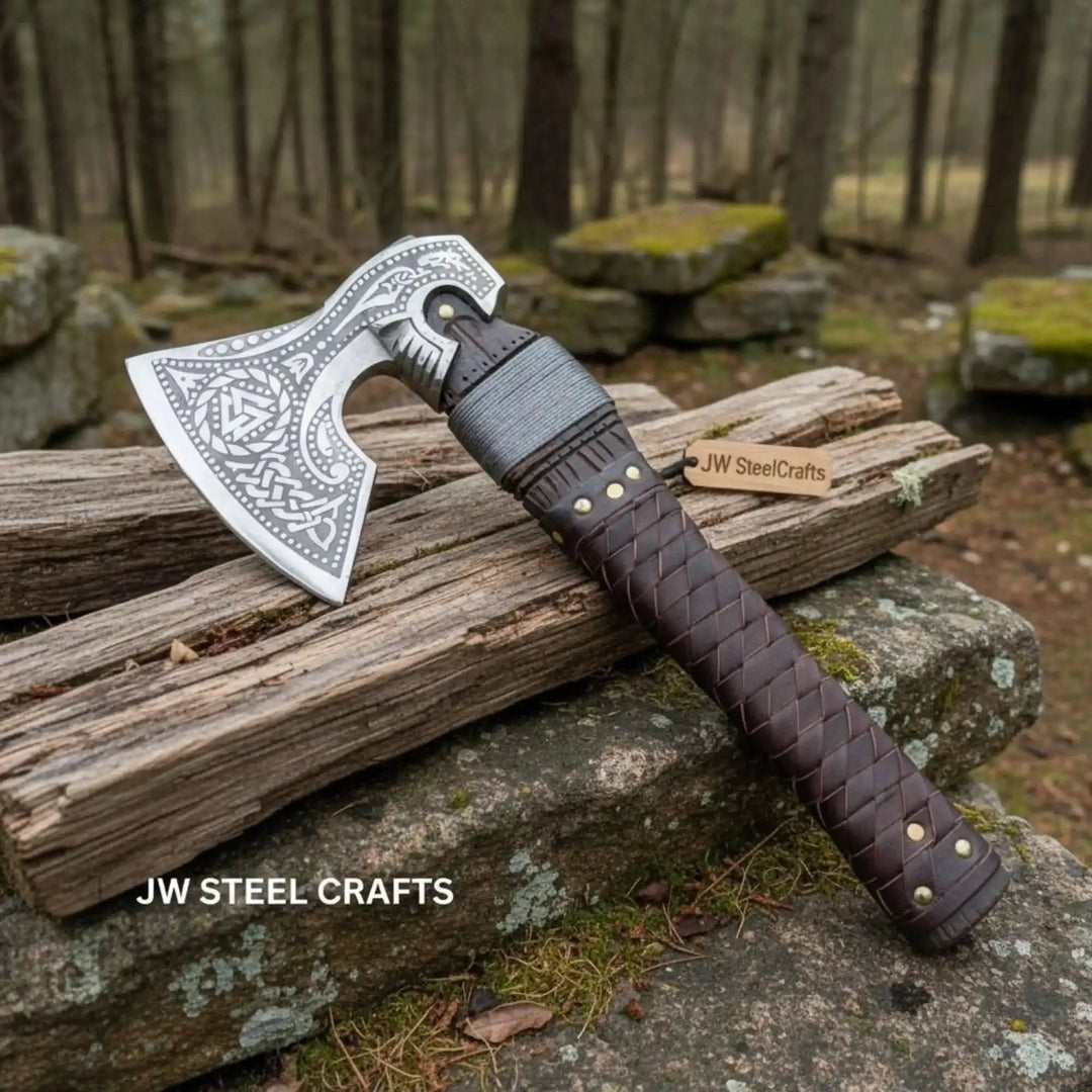 Grand Celtic Viking axe product image featuring polished silver engravings and handcrafted leather details.
