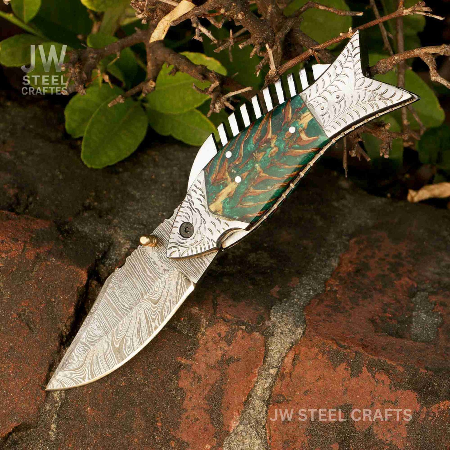 Fish - Style Damascus Folding Knife | 5 Color Variants | Hand - Engraved Collectible by JW SteelCrafts handmade Folding Knife by JW SteelCrafts
