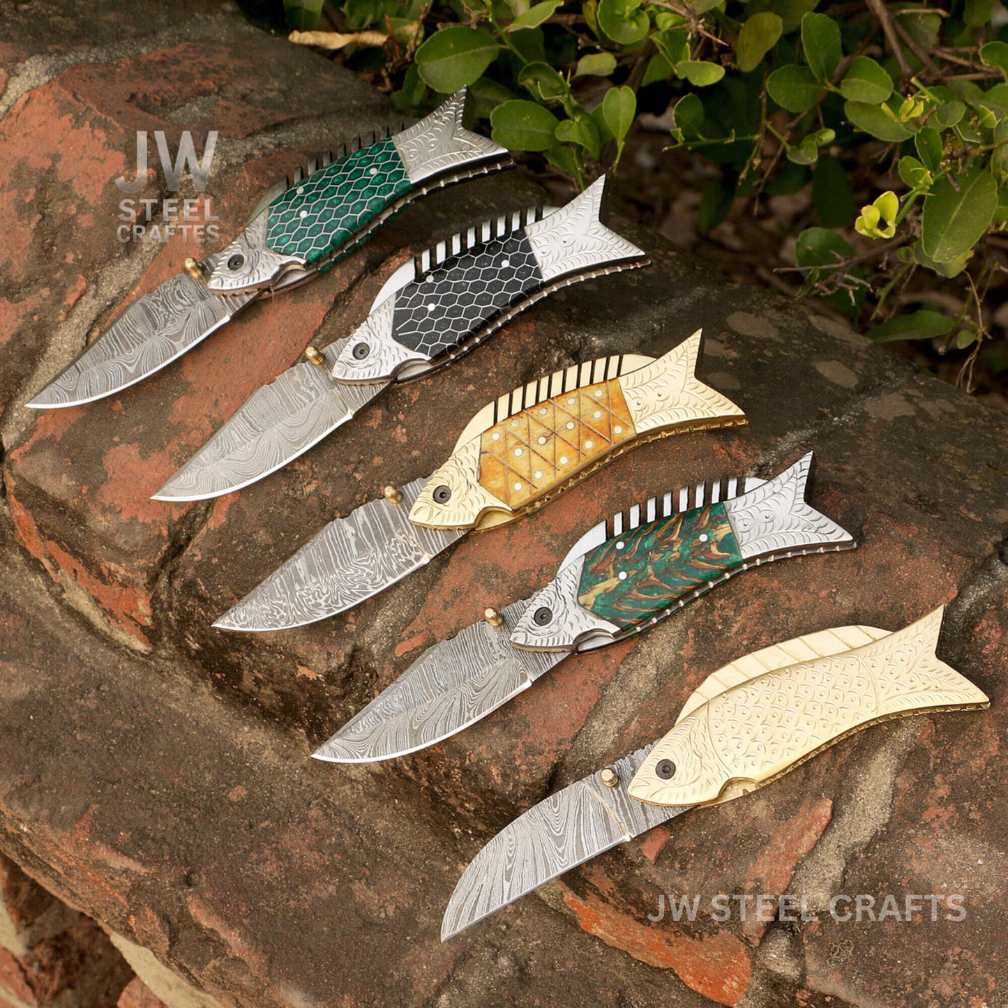 Fish - Style Damascus Folding Knife | 5 Color Variants | Hand - Engraved Collectible by JW SteelCrafts handmade Folding Knife by JW SteelCrafts