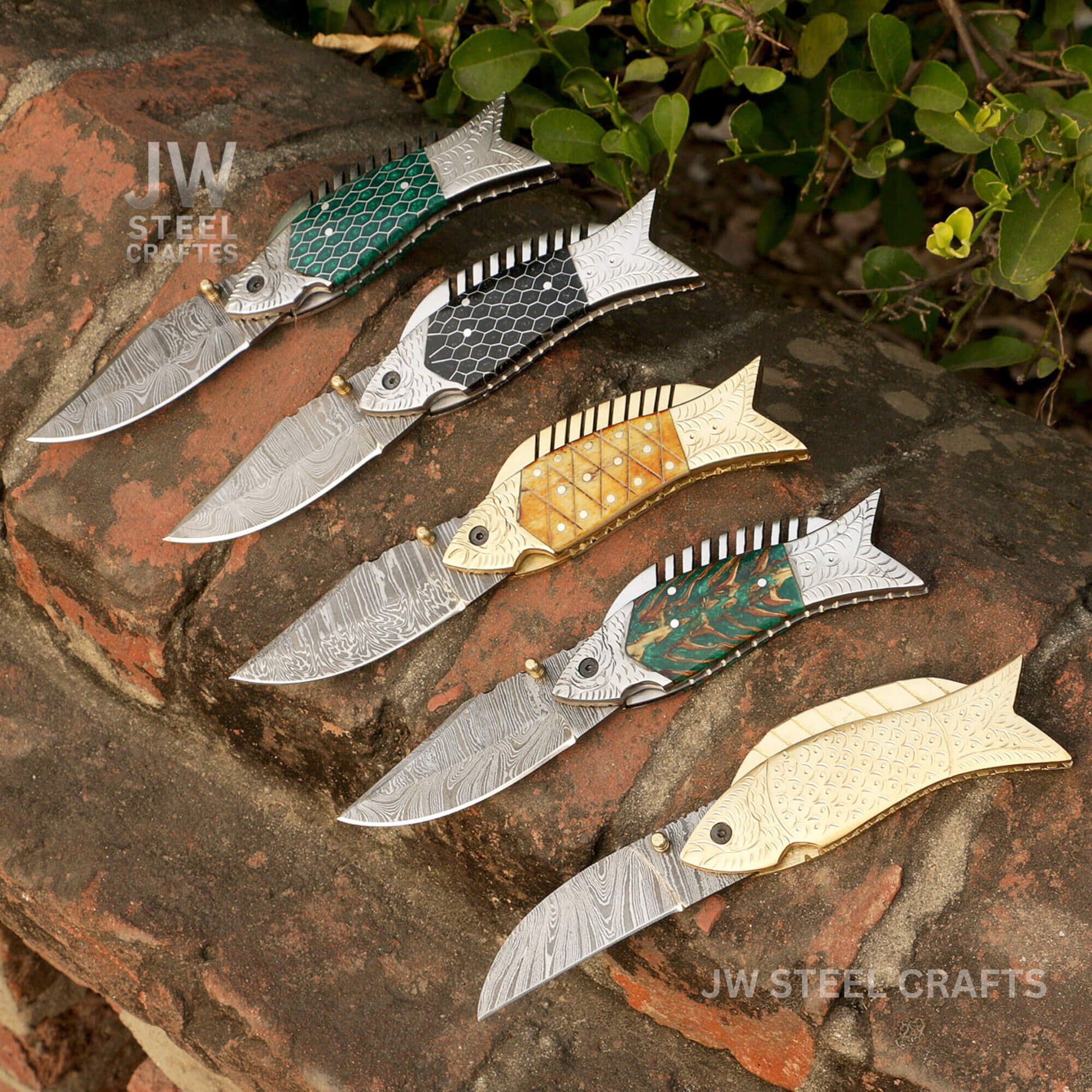 Fish - Style Damascus Folding Knife | 5 Color Variants | Hand - Engraved Collectible by JW SteelCrafts handmade Folding Knife by JW SteelCrafts