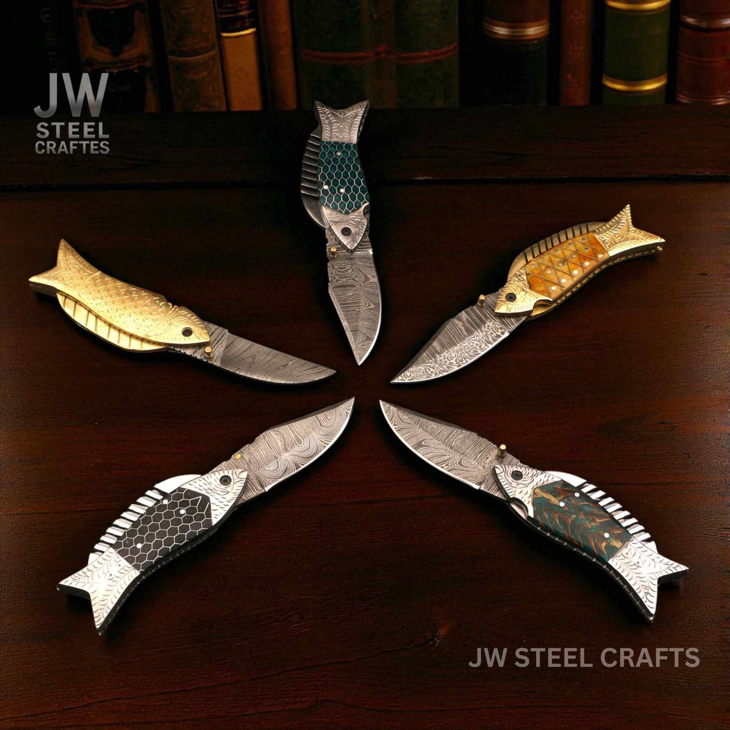 Fish - Style Damascus Folding Knife | 5 Color Variants | Hand - Engraved Collectible by JW SteelCrafts handmade Folding Knife by JW SteelCrafts