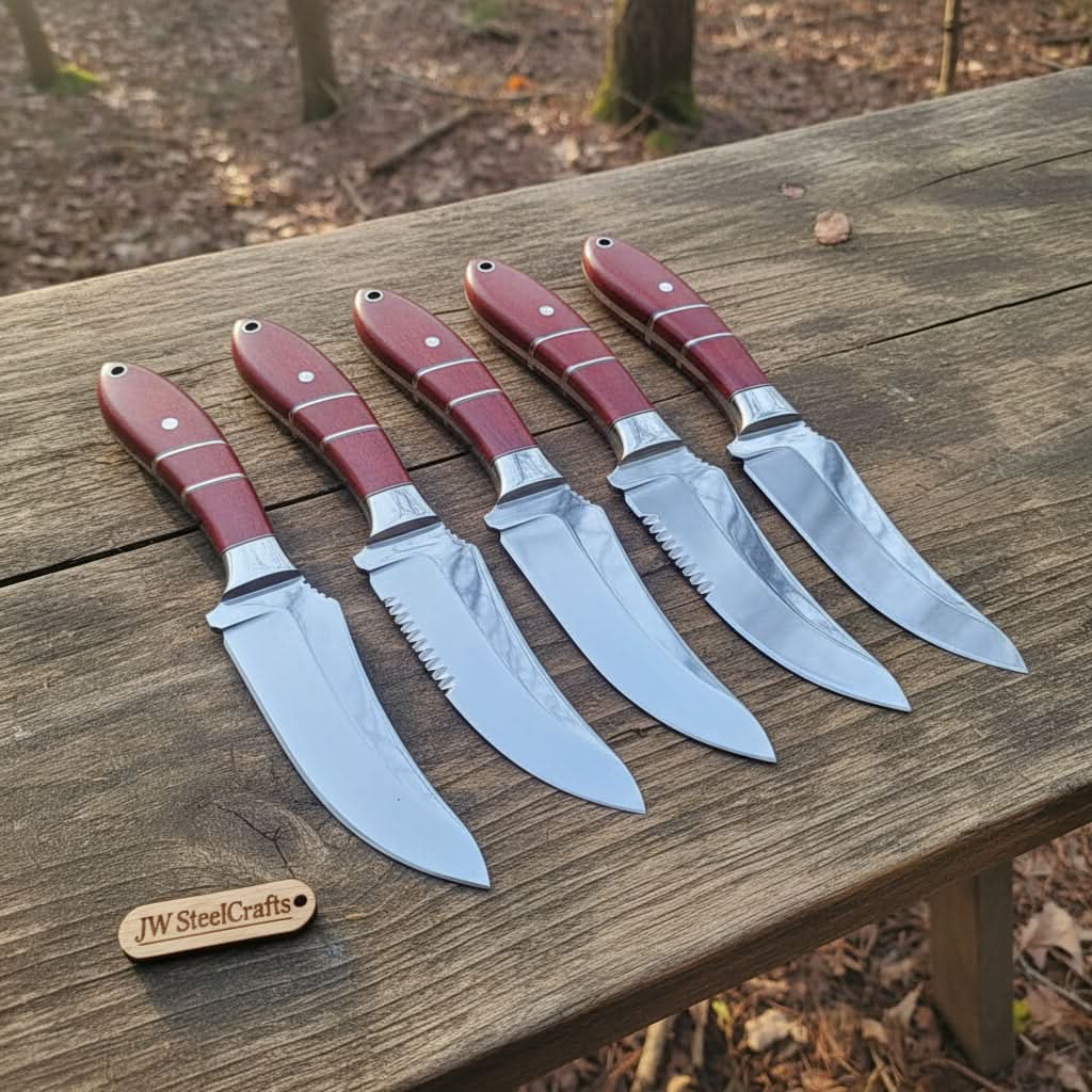 Mirror-polished blades and burgundy micarta handles with silver liner spacers define this five-skinner set on a forest stump