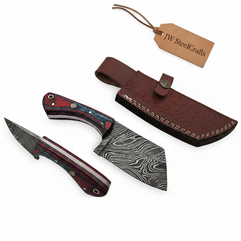 Stamped leather Damascus knife display with JW SteelCrafts hanging tag