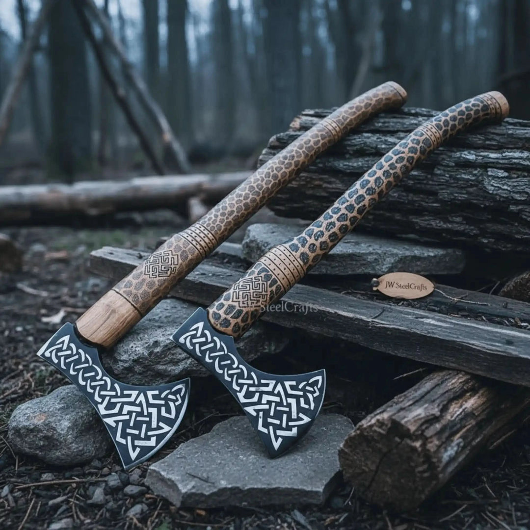 Dragonforge-inspired Norse war hatchets with decorative black steel blade patterns and handcrafted wooden shafts.