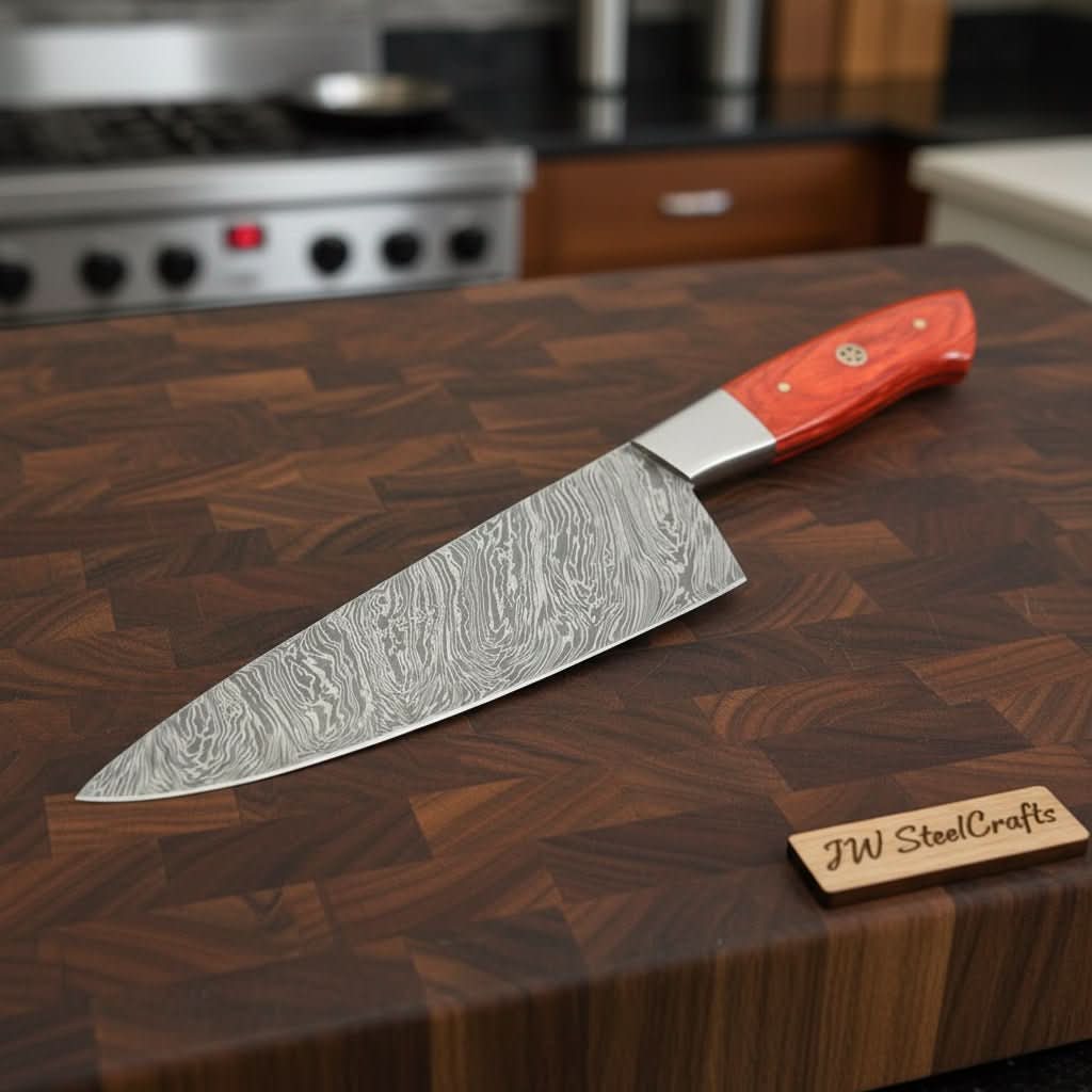     Presented on a premium cutting surface, this Damascus chef knife features a polished bolster.