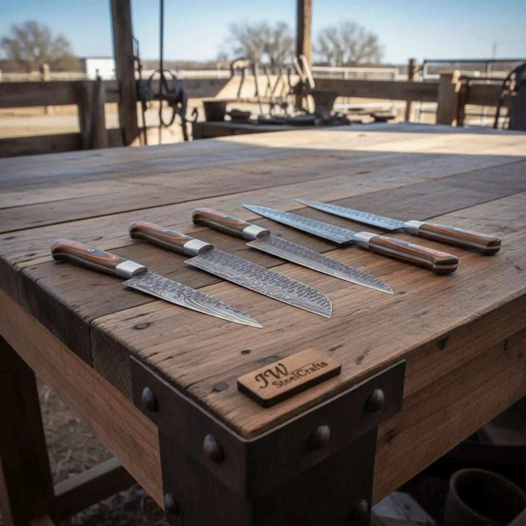 Handmade Damascus steel chef knives featuring smooth curved black and orange handles with ergonomic grip design.