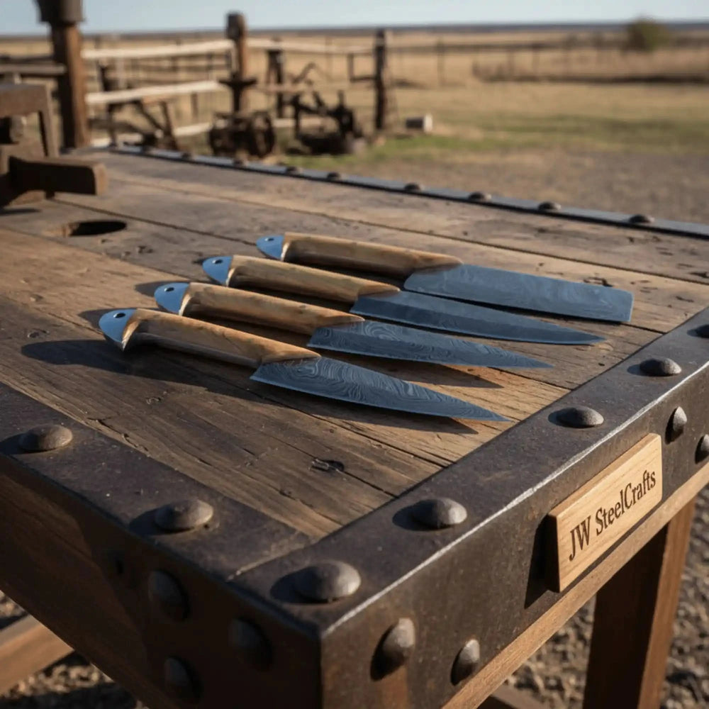 Professional culinary knives photographed on textured rustic background to emphasize premium handcrafted construction.