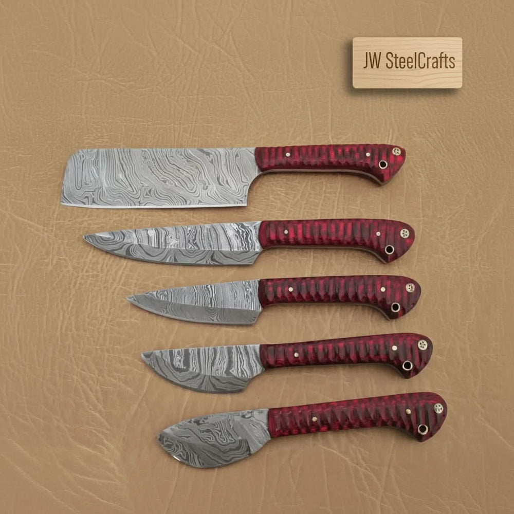 Elegant Damascus chef knives showcasing artisan layered steel patterns and premium handcrafted detailing.