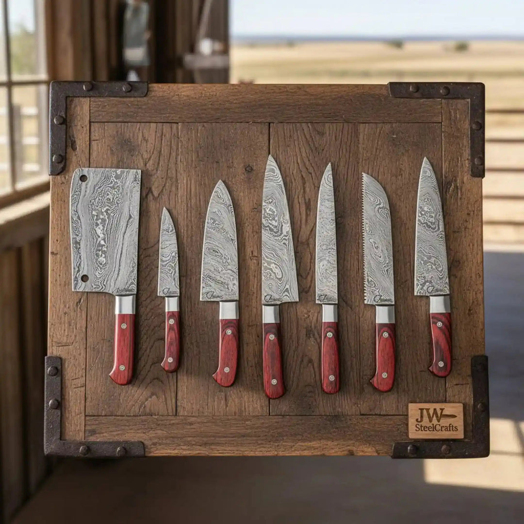 Seven forged Damascus steel kitchen knives by JW SteelCrafts 
mounted on a rustic iron-cornered wooden board, including a cleaver, 
chef knife, santoku, bread knife, utility, and paring knives, all 
featuring matching red wood handles with silver bolsters and rivets, 
brand logo visible in bottom right corner.
