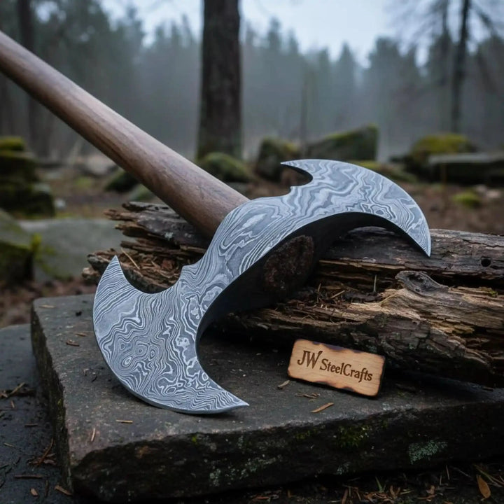     Custom double-headed Damascus axe with intricate steel patterns and smooth wooden handle displayed outdoors in a woodland environment.