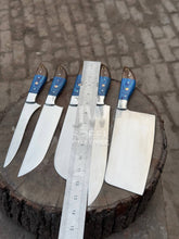Load image into Gallery viewer, Hand-forged 5-piece custom kitchen knife set with blue and wood handles – includes cleaver, chef, butcher, and utility knives