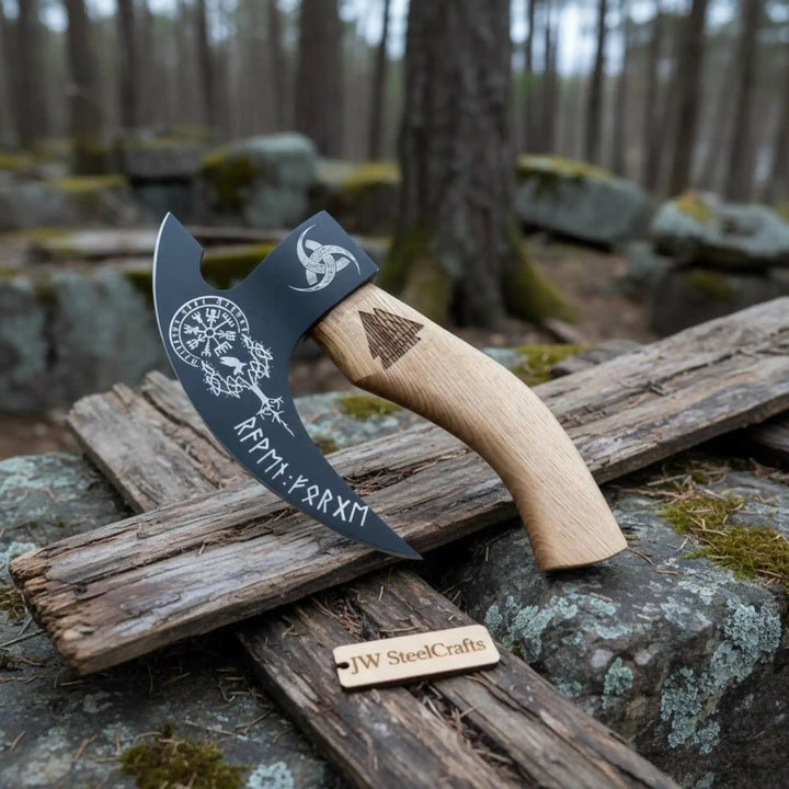Decorative black blade bushcraft tool with detailed Nordic symbols and handcrafted wood handle.