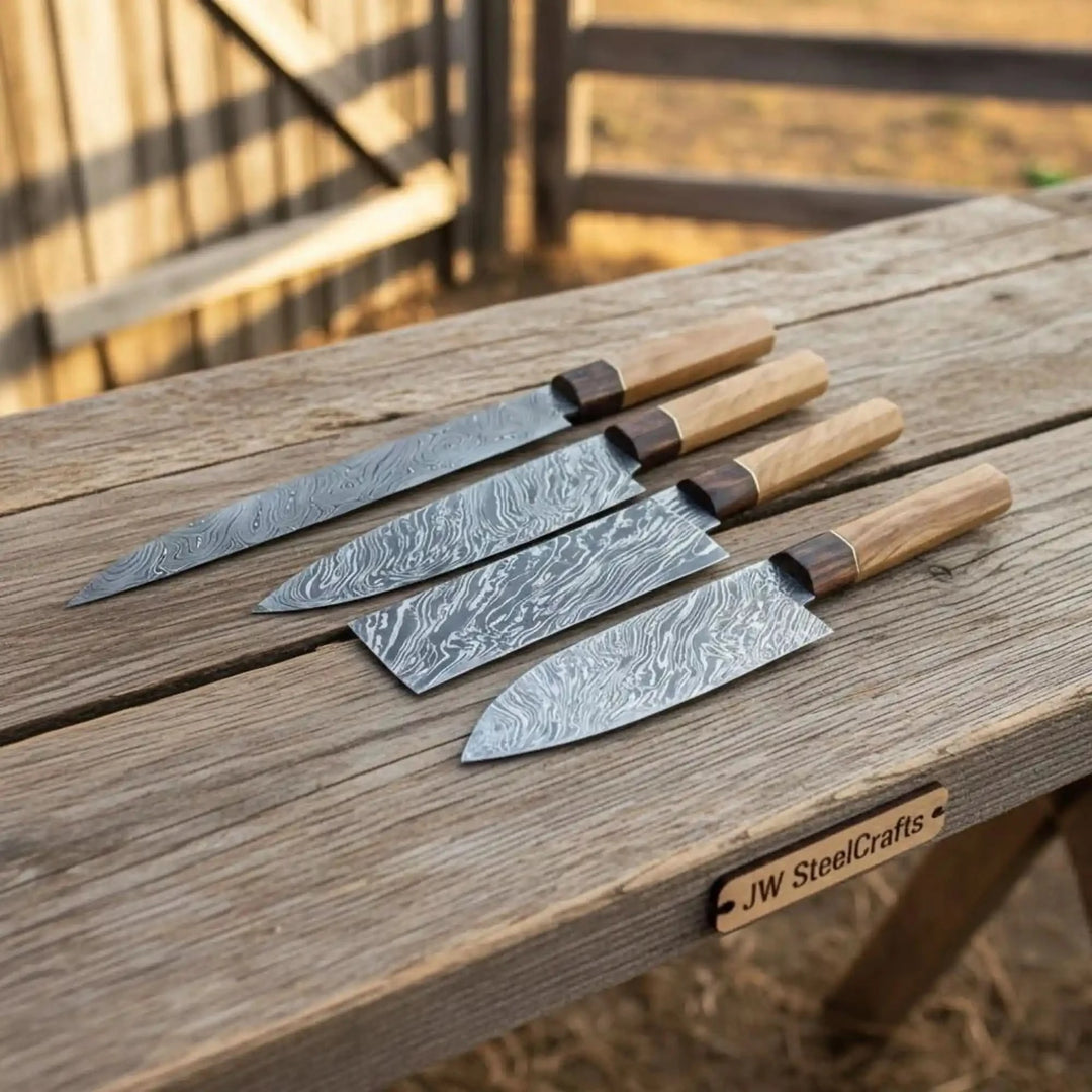 Traditional style Damascus kitchen knives with layered steel craftsmanship and wooden handles.