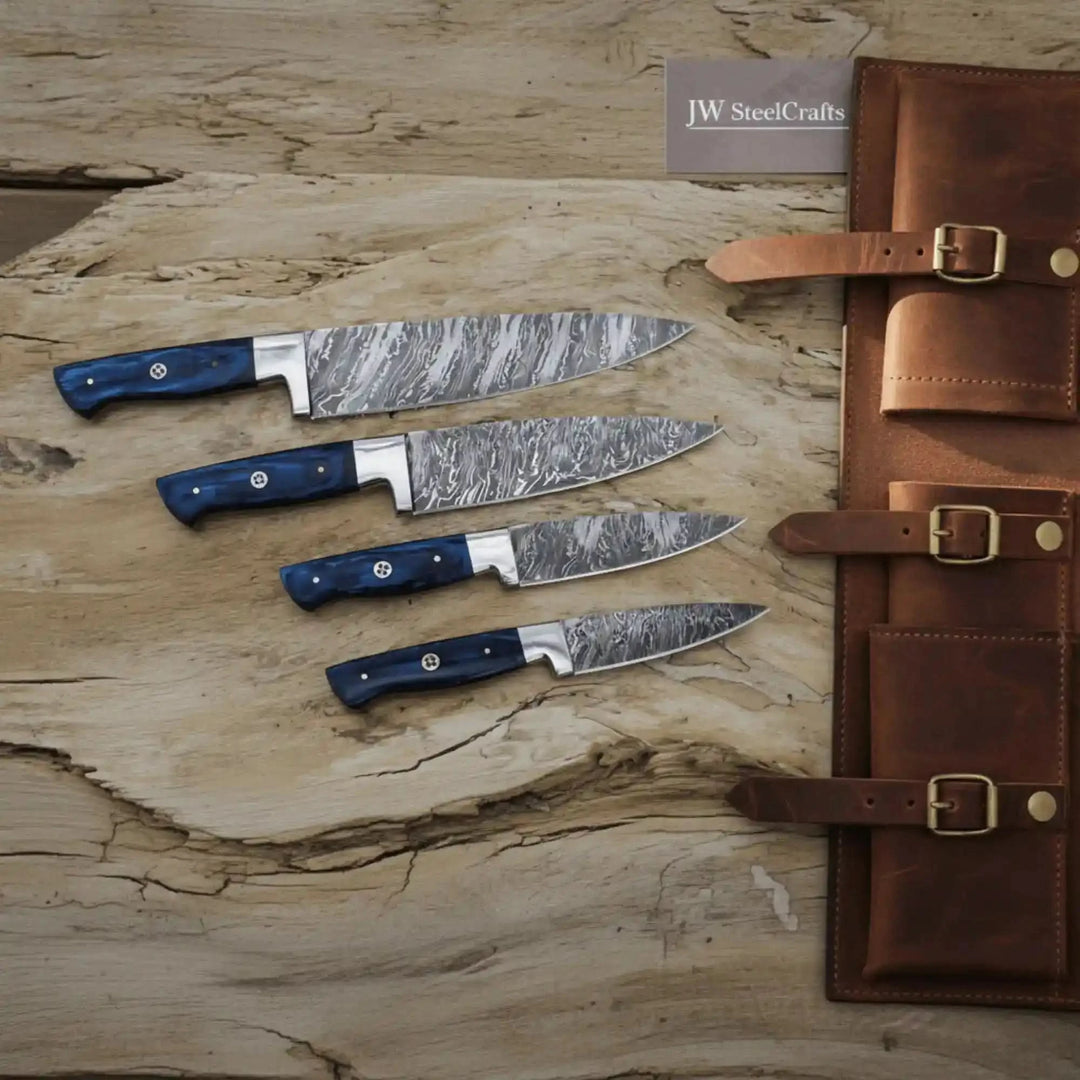 Custom blue grip knife collection with varied blade lengths on rustic wood surface