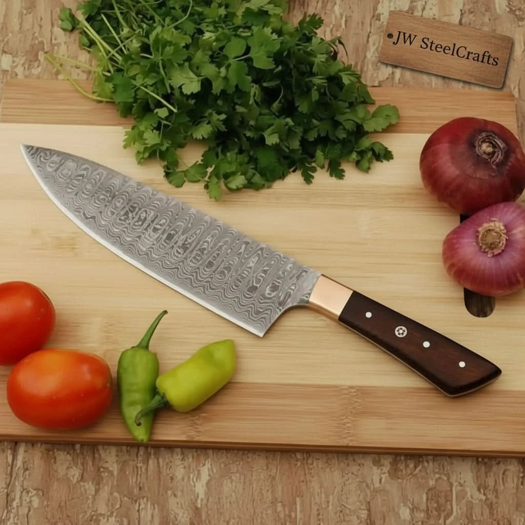 Cilantro onion chef knife display featuring patterned steel blade and dark wooden handle