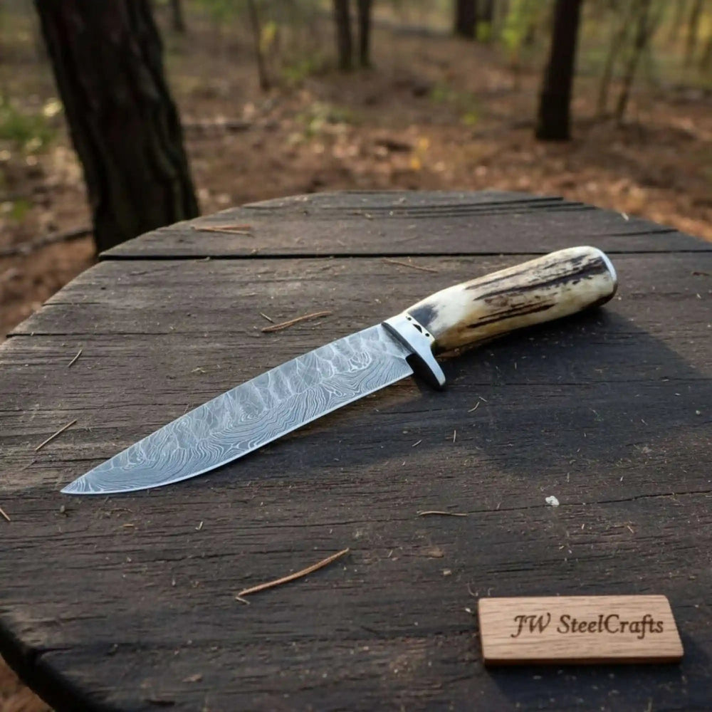 Frontier Bowie Knife Damascus Steel Clip Point Stag Handle Fixed Blade Hunting Knife handmade Frontier Bowie Knives by JW SteelCrafts