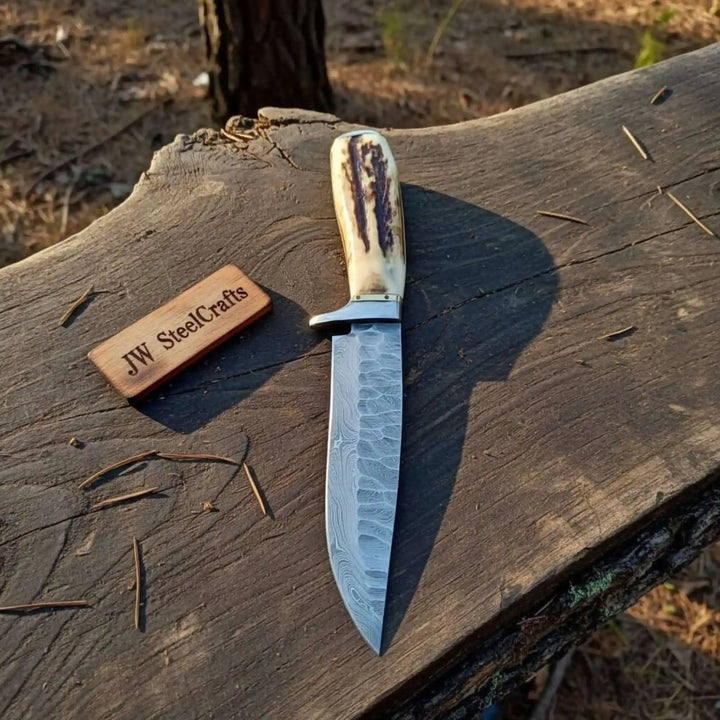 Frontier Bowie Knife Damascus Steel Clip Point Stag Handle Fixed Blade Hunting Knife handmade Frontier Bowie Knives by JW SteelCrafts
