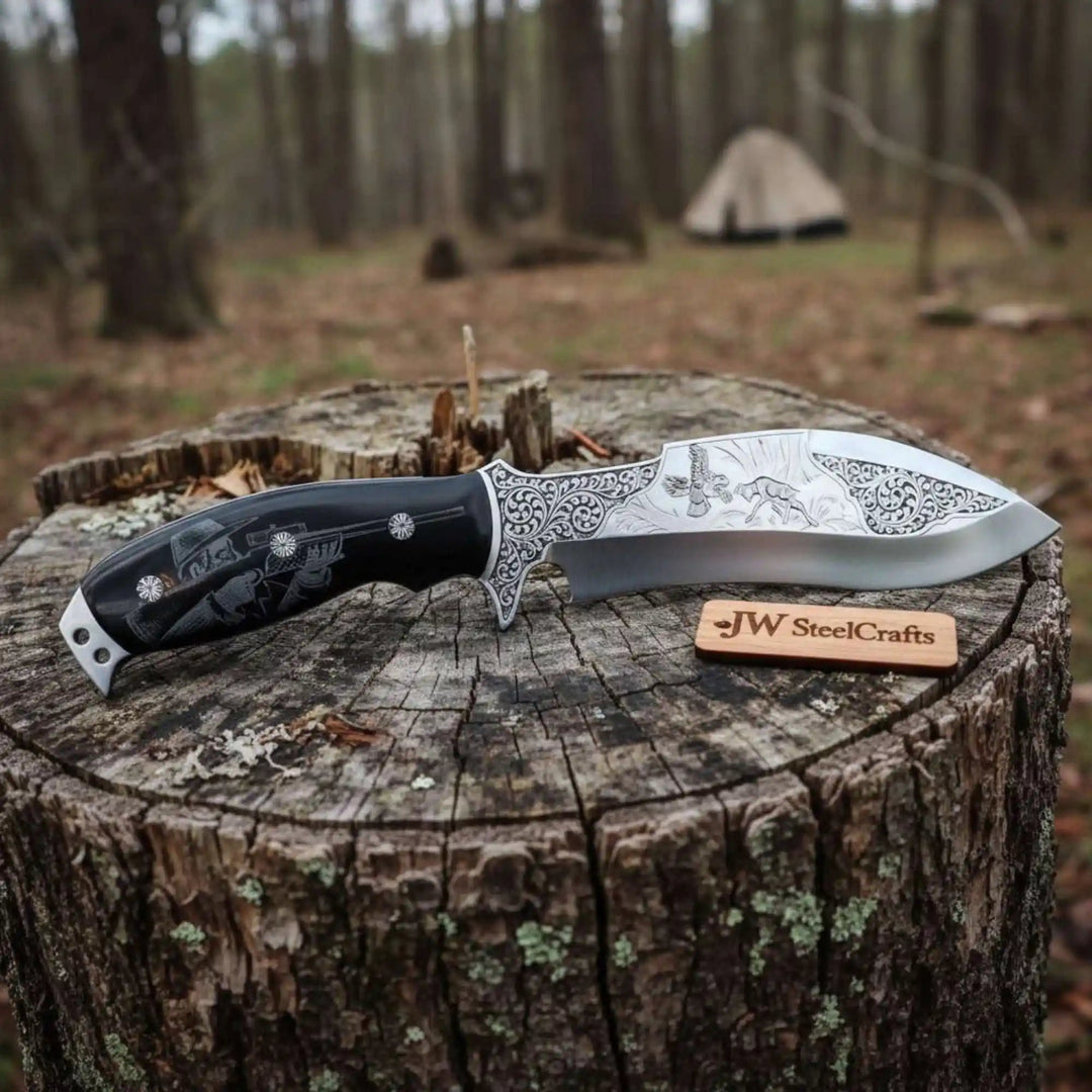 Frontier Bowie Knife, Persian Clip Point, Hand Engraved D2 Steel, Custom Handmade Blade, JW SteelCrafts handmade Frontier Bowie Knives by JW SteelCrafts