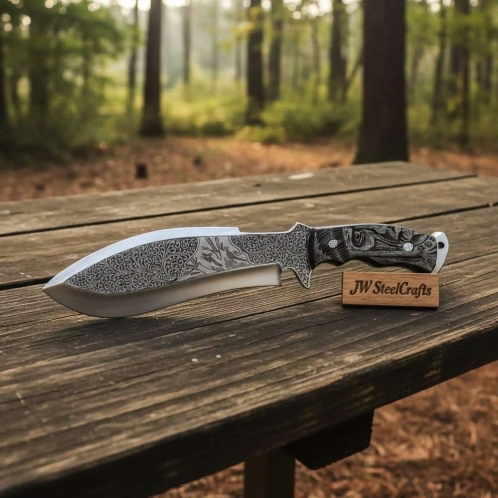Frontier Bowie Knife, Persian Clip Point, Hand Engraved D2 Steel, Custom Handmade Blade, JW SteelCrafts handmade Frontier Bowie Knives by JW SteelCrafts