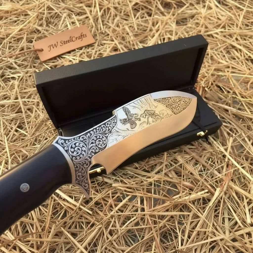 Frontier Bowie Knife, Persian Clip Point, Hand Engraved D2 Steel, Custom Handmade Blade, JW SteelCrafts handmade Frontier Bowie Knives by JW SteelCrafts