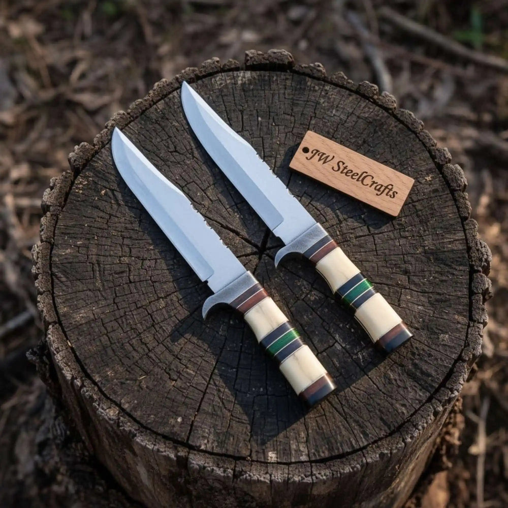 Hand Forged Frontier Bowie Knife Set, Traditional American Clip Point Knives, Stacked Bone HandlesFrontier Bowie Knives