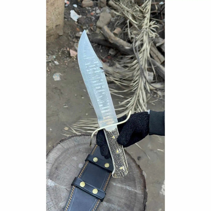 Frontier Bowie Style Hand Forged Damascus Steel Knife with Brass S - Guard, Clip Point Blade, Cut Hook, Stag Handle, Full Tang with Leather Sheath – JW SteelCrafts handmade Frontier Bowie Knives by JW SteelCrafts
