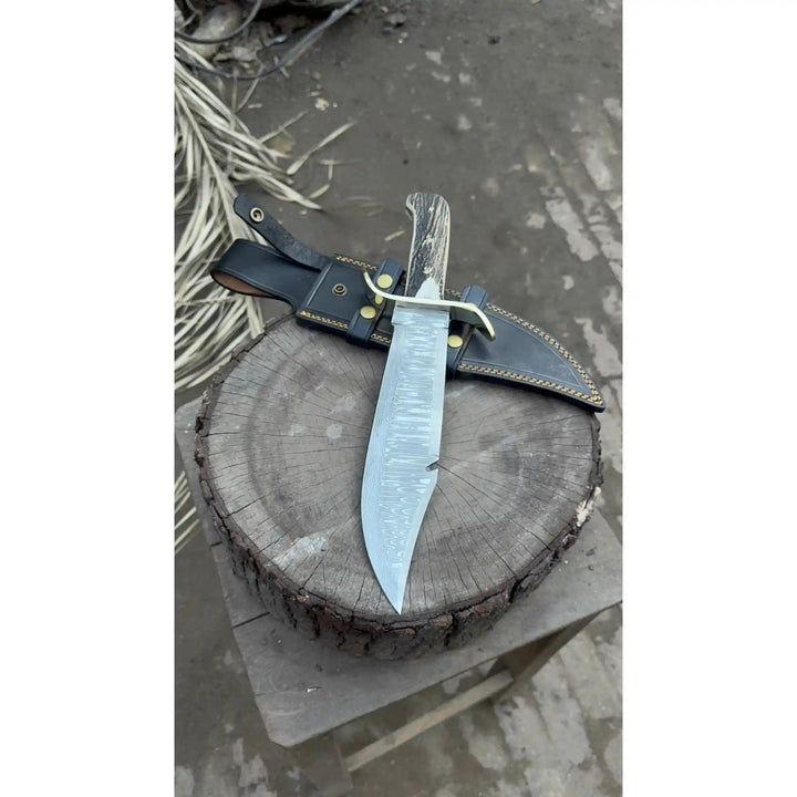 Frontier Bowie Style Hand Forged Damascus Steel Knife with Brass S - Guard, Clip Point Blade, Cut Hook, Stag Handle, Full Tang with Leather Sheath – JW SteelCrafts handmade Frontier Bowie Knives by JW SteelCrafts