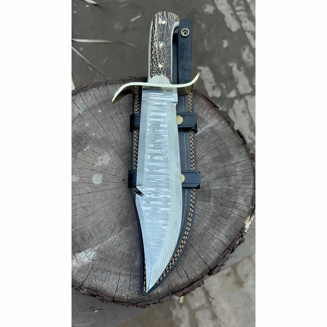 Frontier Bowie Style Hand Forged Damascus Steel Knife with Brass S - Guard, Clip Point Blade, Cut Hook, Stag Handle, Full Tang with Leather Sheath – JW SteelCrafts handmade Frontier Bowie Knives by JW SteelCrafts