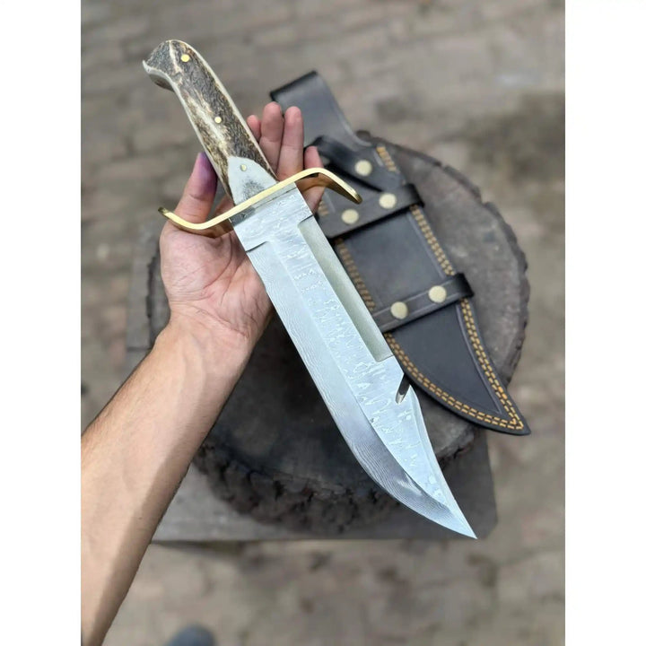 Frontier Bowie Style Hand Forged Damascus Steel Knife with Brass S - Guard, Clip Point Blade, Cut Hook, Stag Handle, Full Tang with Leather Sheath – JW SteelCrafts handmade Frontier Bowie Knives by JW SteelCrafts