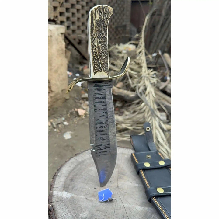Frontier Bowie Style Hand Forged Damascus Steel Knife with Brass S - Guard, Clip Point Blade, Cut Hook, Stag Handle, Full Tang with Leather Sheath – JW SteelCrafts handmade Frontier Bowie Knives by JW SteelCrafts
