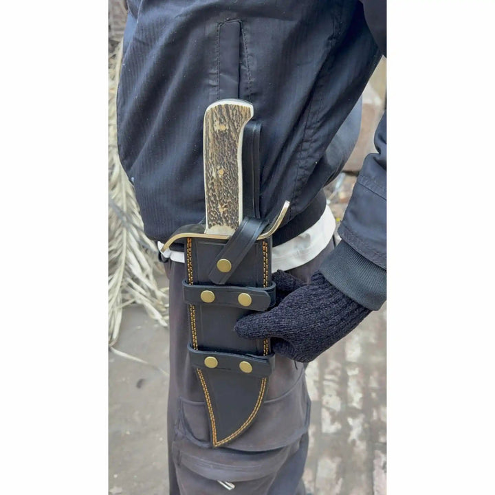 Frontier Bowie Style Hand Forged Damascus Steel Knife with Brass S - Guard, Clip Point Blade, Cut Hook, Stag Handle, Full Tang with Leather Sheath – JW SteelCrafts handmade Frontier Bowie Knives by JW SteelCrafts